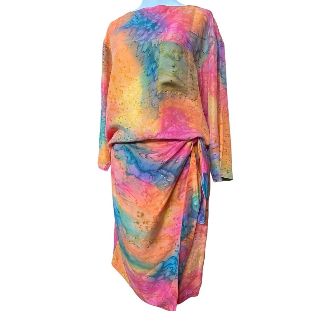 Vintage 90s Angela Tong 2 Piece Silk Skirt Set Tie Dye Wrap Blouse Women 6 L/S